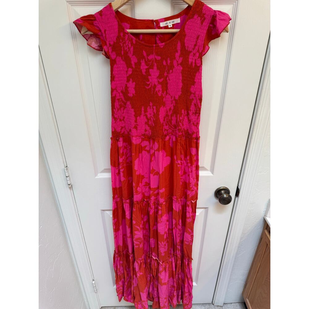 Abel the Label Anthropologie Red Fuchsia Floral Tiered Maxi Dress Sz Medium Boho